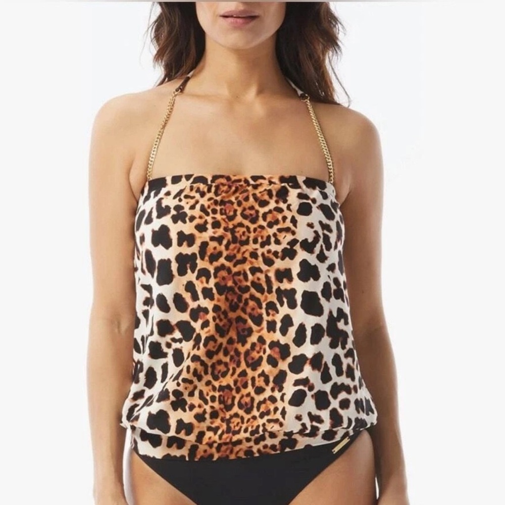 Vince Camuto Swim Leopard Print Chain Halter Blouson Tankini Top Size Small